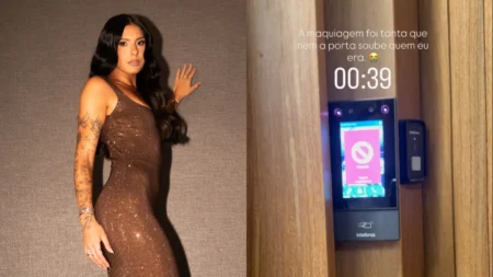 Ana Castela é barrada pela própria porta e faz brincadeira; confira Montagem mostra Ana Castela com vestido marrom brilhante usado no leilão beneficente de Neymar e, ao lado, a fechadura com reconhecimento facial que negou seu acesso à residência.