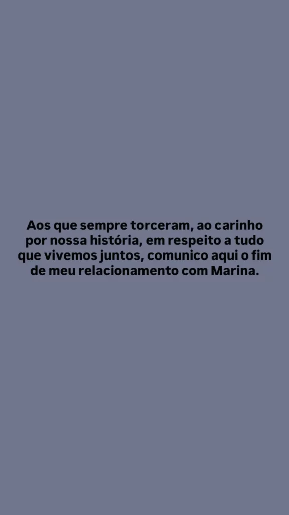 Cantora é apontada como pivô do término de Marina Sena e Juliano Floss; veja 1 Comunicado sobre o término de Marina Sena e Juliano Floss publicado pelo influenciador nas redes sociais.