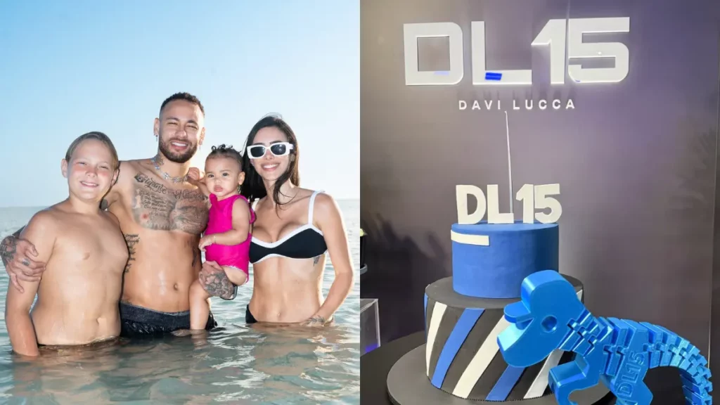Bruna Biancardi revela detalhes dos 15 anos de Davi Lucca, filho de Neymar Neymar Jr., Bruna Biancardi e Davi Lucca em registro familiar ao lado do bolo de 15 anos do adolescente.