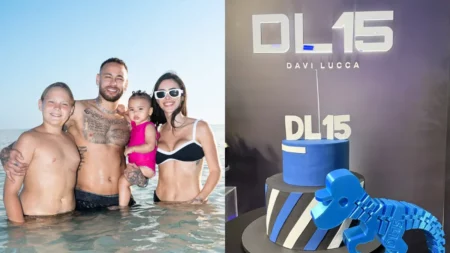 Neymar Jr., Bruna Biancardi e Davi Lucca em registro familiar ao lado do bolo de 15 anos do adolescente.