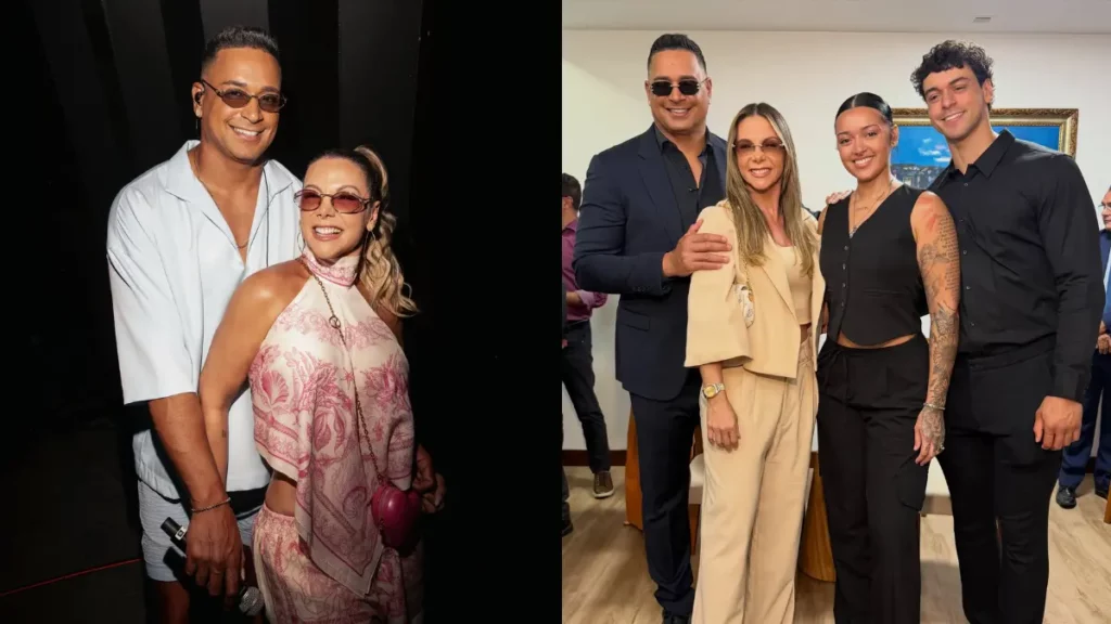 Carla Perez e Xanddy Harmonia aparecem com os filhos Camilly Vitória e Victor Alexandre em montagem de fotos familiares.