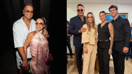 Carla Perez e Xanddy Harmonia aparecem com os filhos Camilly Vitória e Victor Alexandre em montagem de fotos familiares.