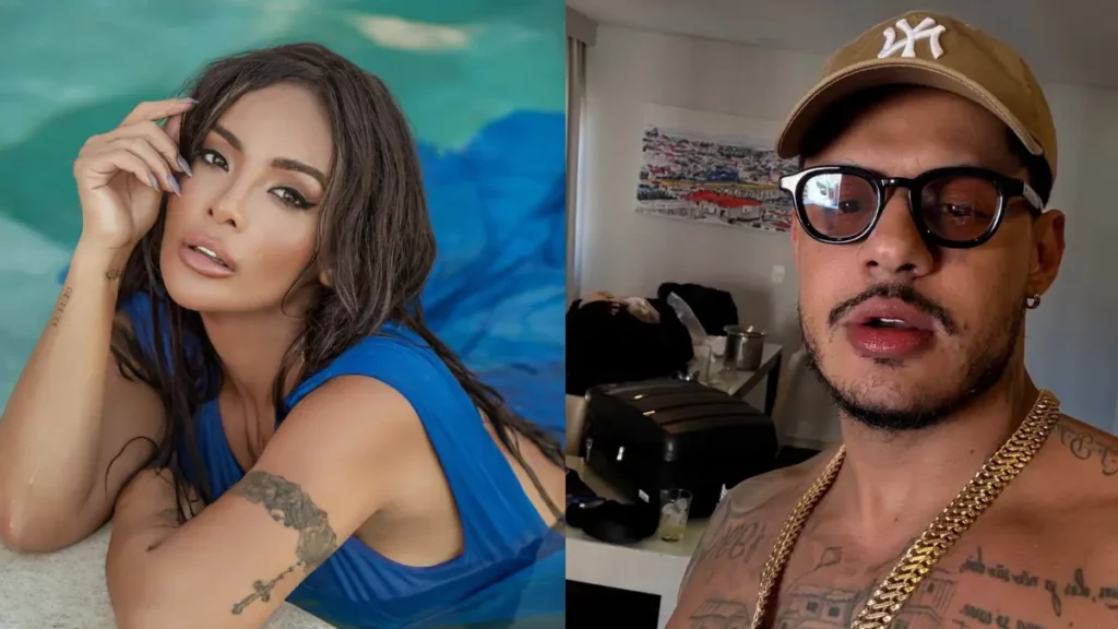 "Montagem com duas fotos lado a lado: à esquerda, Carol Nakamura de roupa azul na água; à direita, o rapper Hungria sem camisa, usando boné, óculos escuros e correntes de ouro.