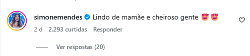 Filho de Simone Mendes revela coleção com 86 perfumes de luxo aos 11 anos; veja 6 Comentário de Simone Mendes no Instagram elogiando o filho Henry Diniz após ele mostrar sua coleção de perfumes.
