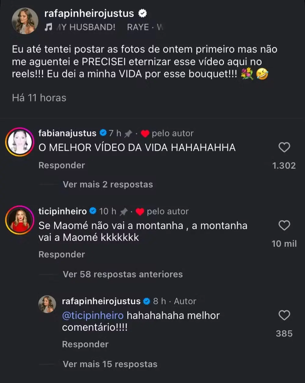 Comentários de Ticiane Pinheiro e Fabiana Justus em publicação de Rafaella Justus sobre o buquê.