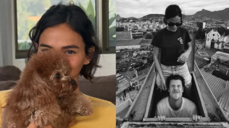 Famosos reagem após declaração apaixonada de Shawn Mendes para Bruna Marquezine; veja Montagem mostra Bruna Marquezine segurando um cachorro e, ao lado, uma foto em preto e branco da atriz com Shawn Mendes.