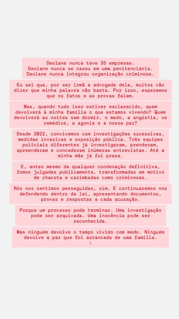 Irmã de Deolane Bezerra reage após Justiça manter prisão: 'Paz que foi arrancada' 1 Daniele Bezerra publica desabafo nas redes sociais sobre as acusações contra Deolane Bezerra.