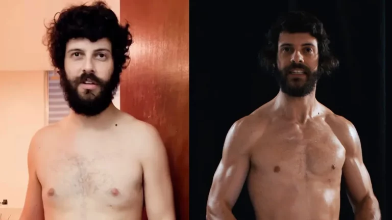 Montagem mostrando a evolução corporal de Diogo Defante