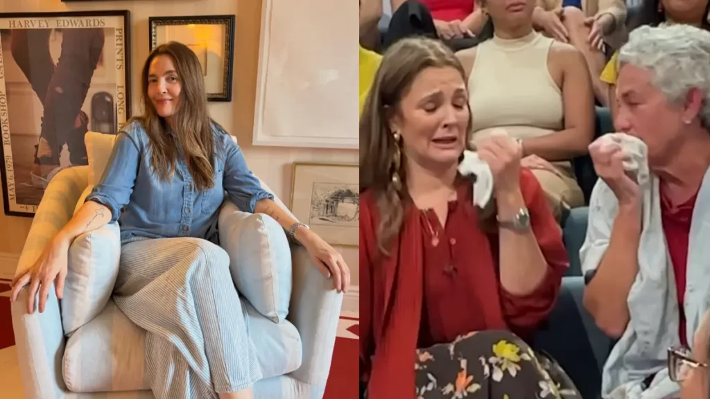 Drew Barrymore chora ao relembrar sua decisão de parar de beber durante reencontro com uma comissária de bordo.