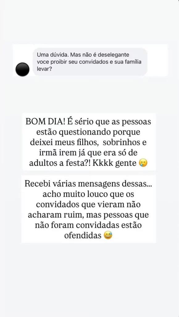 Fabi Justus rebate críticas após festa de casamento sem crianças: 'É sério?' 1 Fabi Justus reage às críticas sobre a presença de seus filhos e sobrinhos na festa de renovação de votos.