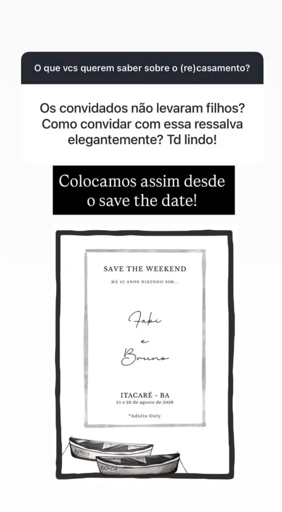 Fabi Justus rebate críticas após festa de casamento sem crianças: 'É sério?' 2 Save the Date compartilhado por Fabi Justus para a celebração de sua renovação de votos com Bruno Levi D'Ancona.