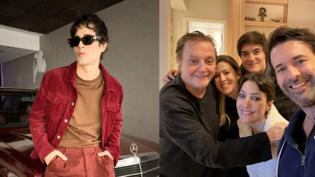 Montagem com duas fotos: à esquerda, Fiuk posa sozinho de óculos escuros e jaqueta vermelha encostado em um carro; à direita, Fábio Jr. sorri em uma selfie abraçado com parte de sua família durante encontro.