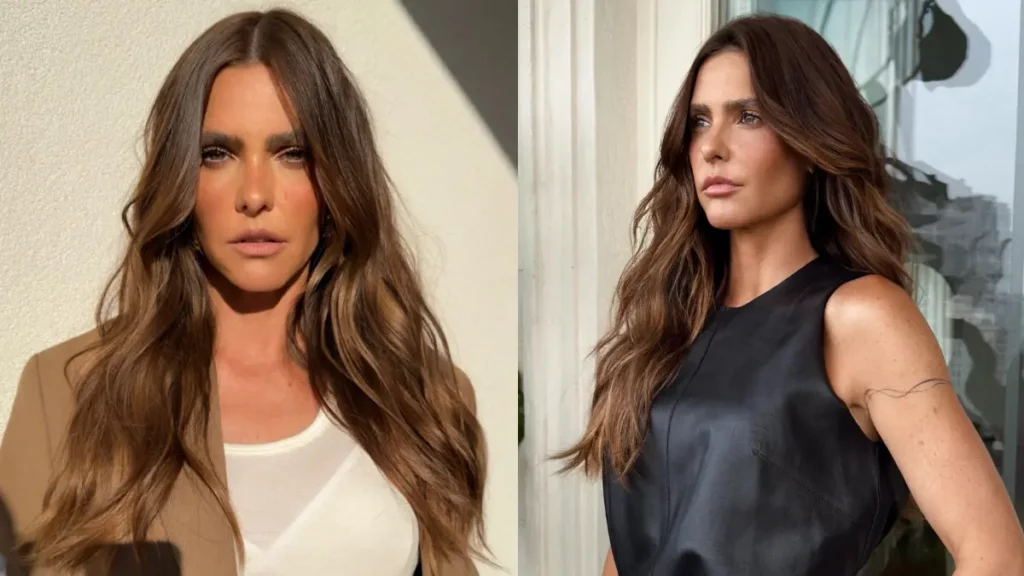 Fernanda Lima aparece em duas fotos, usando looks diferentes e posando para a câmera