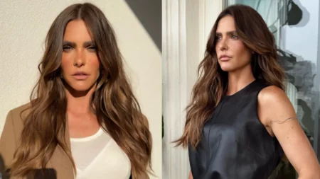 Fernanda Lima aparece em duas fotos, usando looks diferentes e posando para a câmera