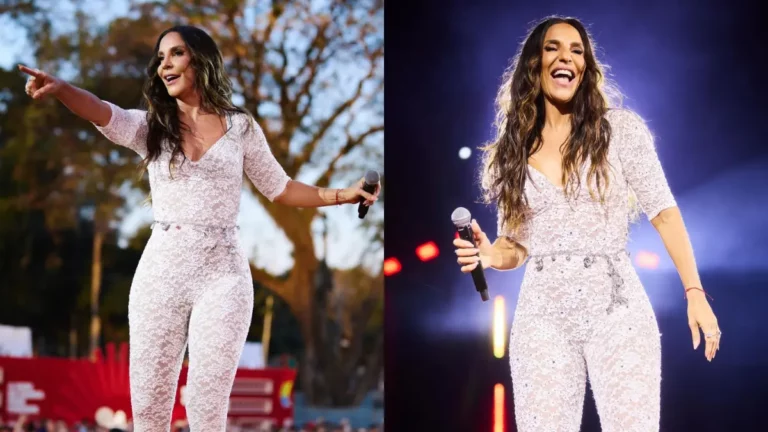 Ivete Sangalo segura um microfone e se apresenta no palco durante show.