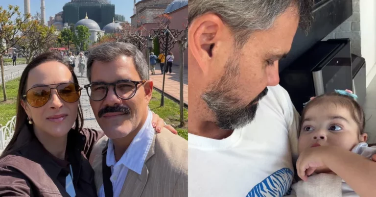 Filha de Juliano Cazarré é levada ao CTI e mãe pede: ‘Reze com a gente’ Letícia Cazarré ao lado de Juliano Cazarré; em outro registro, ator aparece com a filha Maria Guilhermina no colo