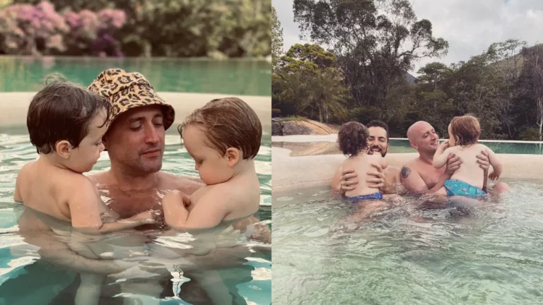 Montagem com duas fotos dos filhos de Paulo Gustavo na piscina: à esquerda, Thales Bretas segura Romeu e Gael nos braços; à direita, Paulo Gustavo aparece sorrindo enquanto brinca com os filhos na água.