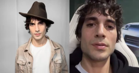 Montagem mostra Fiuk em dois registros: à esquerda, o ator posa usando chapéu marrom e jaqueta bege; à direita, aparece em vídeo, sentado diante de uma imagem de carro