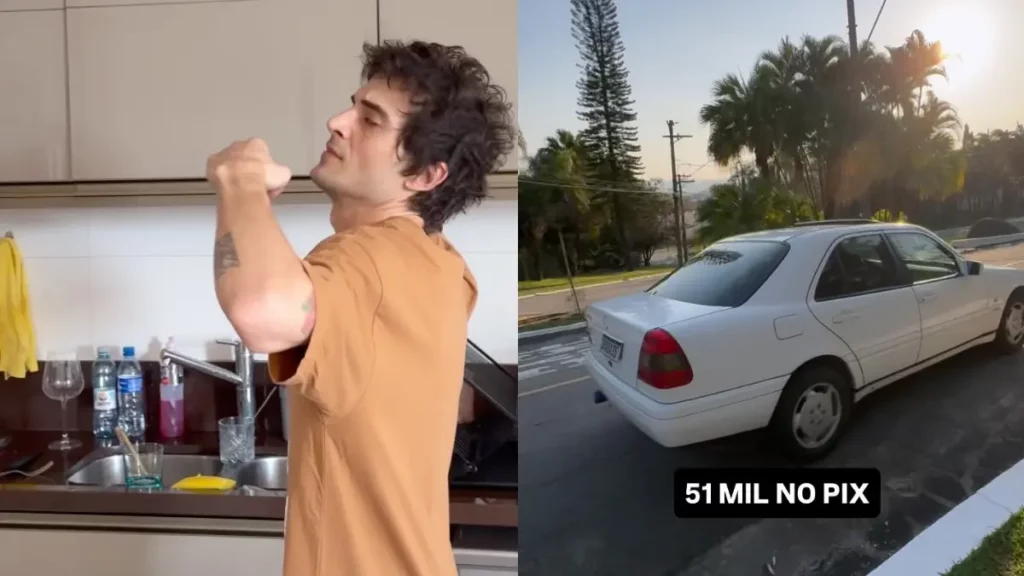 Montagem com duas imagens: à esquerda, o cantor Fiuk em uma cozinha, de olhos fechados e com o braço erguido; à direita, um carro Mercedes branco estacionado em uma rua arborizada, com a frase "51 MIL NO PIX" sobreposta na parte inferior.