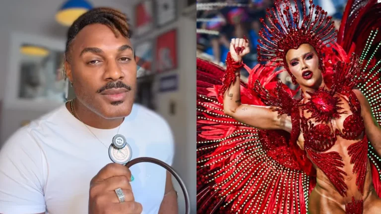 Fred Nicácio zomba de saída de Virginia da Grande Rio: ‘Nem era para ter entrado’ Montagem de fotos com Fred Nicacio e Virginia.