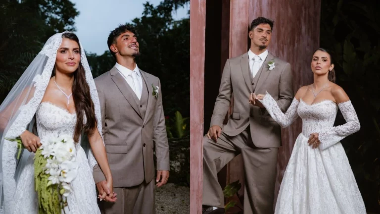Gabriel Medina confirma perda gestacional da esposa, Isabella Arantes, no 3º mês Isabella Arantes e Gabriel Medina posam em duas fotos de casamento: noiva com vestido rendado e véu, noivo de terno bege, em cenário ao ar livre.