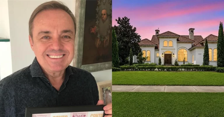 Montagem mostra Gugu Liberato sorrindo em registro publicado nas redes sociais e, ao lado, a fachada da mansão em Windermere, na Flórida, que voltou a ser anunciada para venda