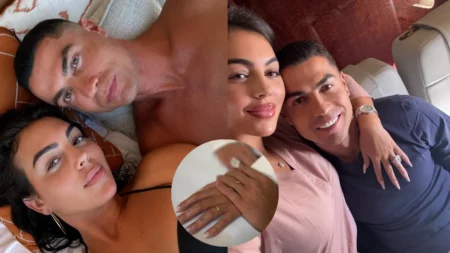 Colagem de fotos de Cristiano Ronaldo e Georgina Rodríguez deitados e sorrindo, com inserção circular central mostrando suas mãos e alianças de casamento.