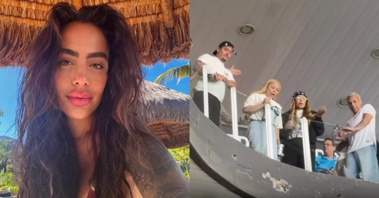 Rafaella Santos, irmã de Neymar, aparece em selfie à esquerda e reage a torcedores em área reservada da Vila Belmiro à direita