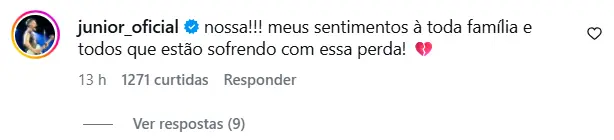 Comentário de Junior Lima em publicação no Instagram lamentando a morte de Antônio Calixto