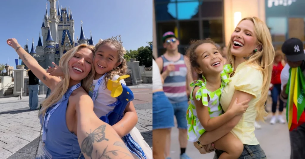 Karoline Lima aparece ao lado da filha, Cecília, de 4 anos, em dois registros durante passeio em parque temático