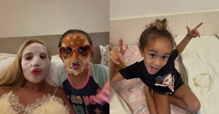 Karoline Lima e Cecília usam máscaras faciais durante noite de skincare; em outro registro, a menina posa sorridente
