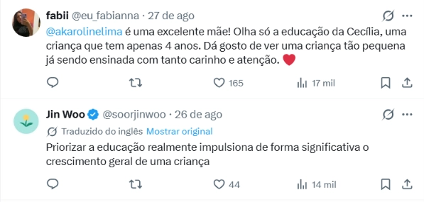 Usuários do X elogiam Karoline Lima e comentam a educação de Cecília aos 4 anos