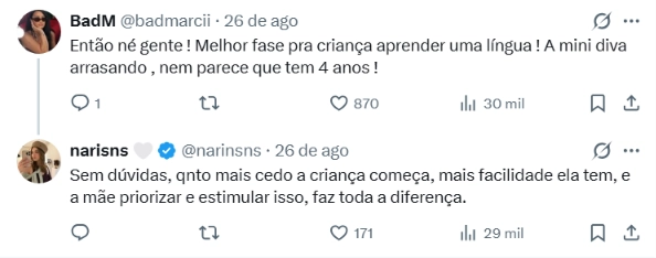 Usuários do X elogiam Karoline Lima e comentam a educação de Cecília aos 4 anos