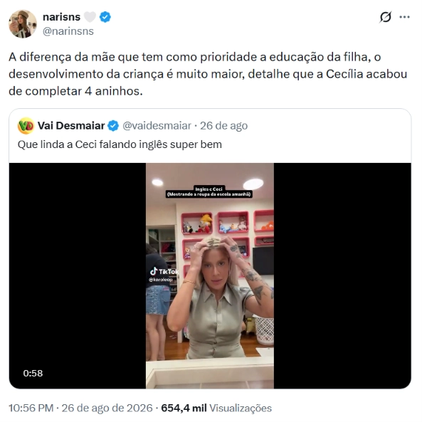 Usuária do X elogia Karoline Lima após vídeo de Cecília falando inglês aos 4 anos
