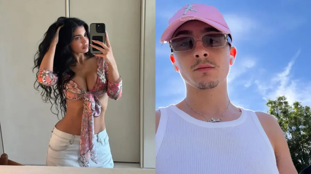 Colagem de fotos de Kylie Jenner e Timothée Chalamet. À esquerda, selfie no espelho com top floral rosa. À direita, pose ao ar livre com boné rosa.