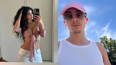 Colagem de fotos de Kylie Jenner e Timothée Chalamet. À esquerda, selfie no espelho com top floral rosa. À direita, pose ao ar livre com boné rosa.