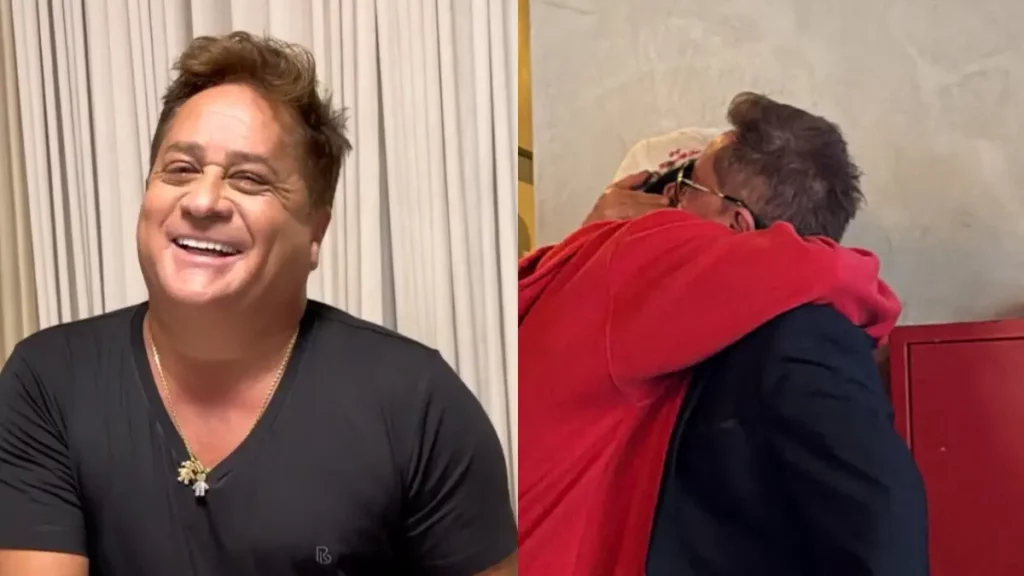 Montagem mostra Leonardo sorrindo e registro do cantor abraçado com Zé Felipe