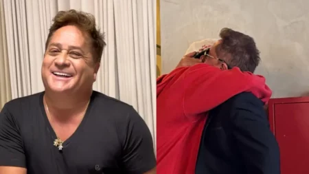 Montagem mostra Leonardo sorrindo e registro do cantor abraçado com Zé Felipe