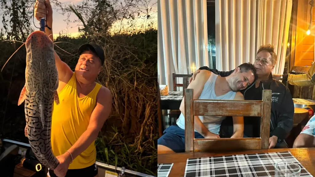 Leonardo curte viagem com primogênito após desabafo sobre filhos; veja Leonardo pesca no Pantanal e aparece ao lado do filho Pedro Leonardo durante viagem.