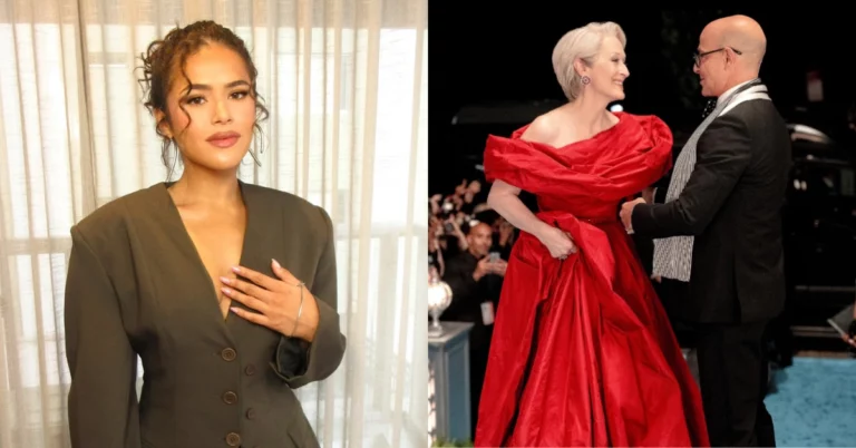 Maisa posa para foto ao lado de cena de O Diabo Veste Prada 2 com Meryl Streep e Stanley Tucci