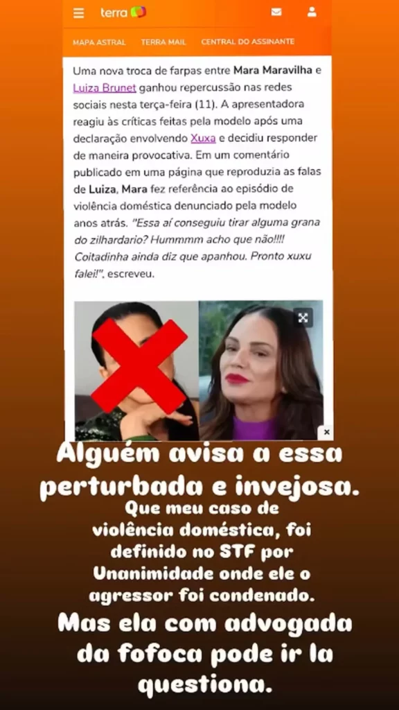 Stories de Mara Maravilha ironizando caso de Luiza Brunet. 