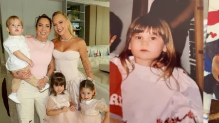 Virginia Fonseca posa ao lado da mãe, Margareth Serrão, e dos três filhos; ao lado, foto de Virginia quando criança.