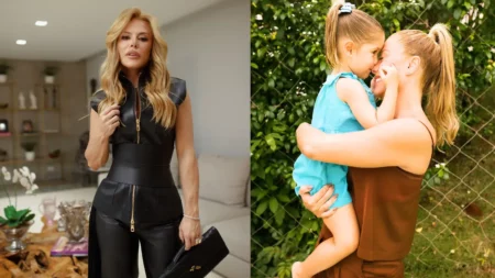 Maria Flor paga de ‘blogueira’ e avalia look de Poliana Rocha; veja Poliana Rocha posa usando um look preto ao lado de uma foto dela com a neta Maria Flor no colo.