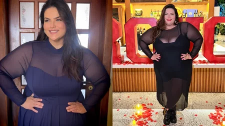 Mayara Russi faz desabafo após perder 43 kg: ‘Saúde em primeiro lugar’ Antes e depois de Mayara Russi após perder 43 kg, mostrando a transformação da modelo plus size durante seu processo de emagrecimento focado na saúde.