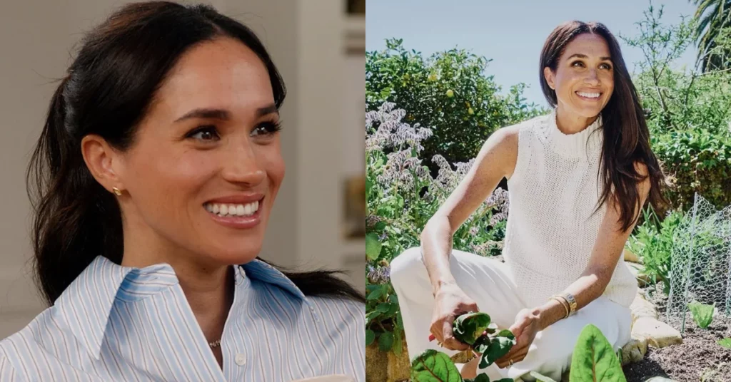 Meghan Markle aparece sorrindo em dois registros, um em ambiente interno e outro sentada em um jardim enquanto segura folhas