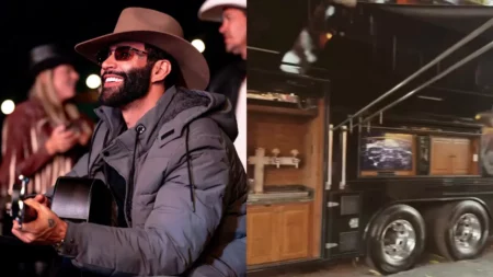 Gusttavo Lima ao lado de imagens do motorhome de luxo usado pela família em Barretos.