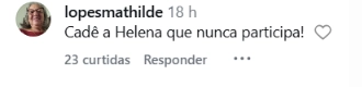 Montagem reúne comentários publicados no Instagram questionando a ausência de Helena nos registros da festa de 15 anos de Davi Lucca