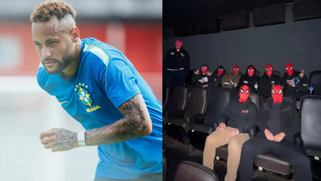 Montagem mostra Neymar durante treino da Seleção Brasileira e, ao lado, amigos reunidos em uma sala de cinema usando máscaras do Homem-Aranha
