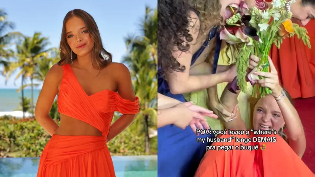 Rafaella Justus no chão durante a disputa pelo buquê no casamento da irmã Fabiana Justus.