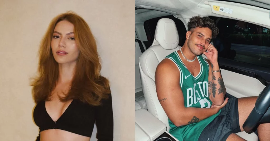 Sarah Poncio posa com cabelos soltos e roupa preta, enquanto Jonathan Couto aparece sentado dentro de um carro usando regata verde